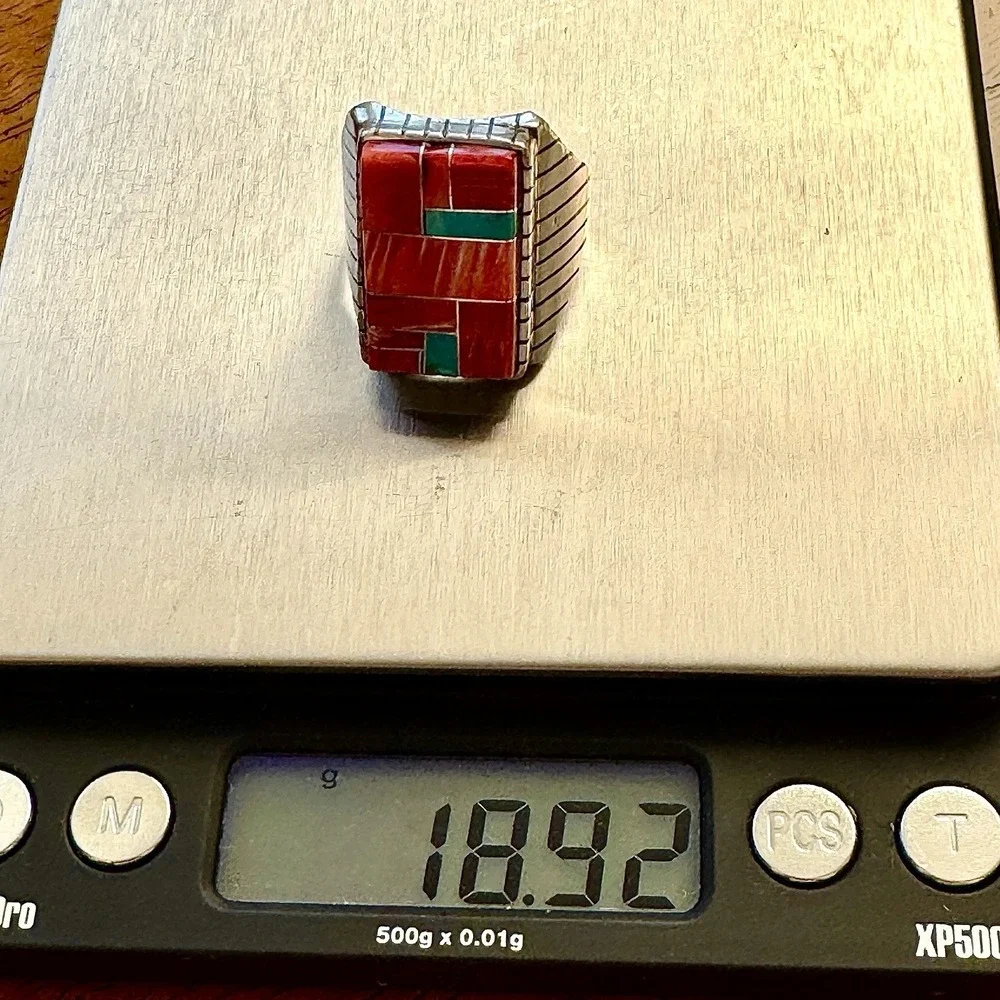 Turquoise Multi Stone Inlay Mens Ring Sz 12.5 Navajo Sterling Signed T Jack 22mm